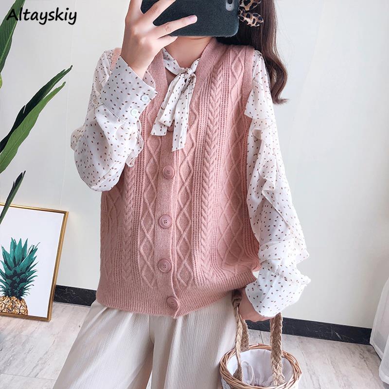 Sweaters Vests Students Elegant Preppy Style Ulzzang 4 Colors 2020 Autumn V-Neck Single Breasted Womens Sweater Solid Vest Tops